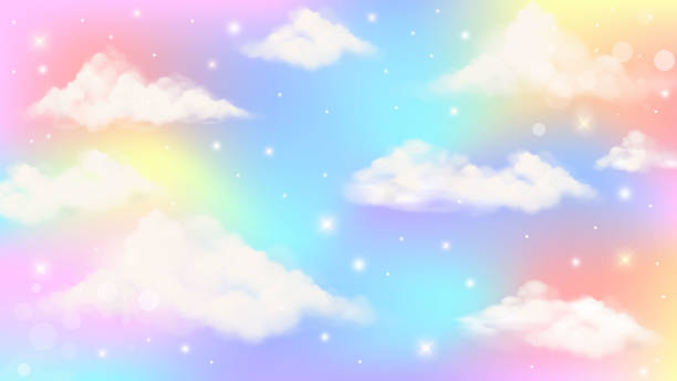 illustrations, cliparts, dessins animés et icônes de fond de licorne arc-en-ciel fantastique holographique avec des nuages. ciel couleur pastel. paysage magique, motif abstrait fabuleux. mignon papier peint de bonbons. vecteur. - unicorn