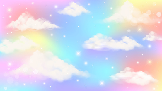 Holographic fantasy rainbow unicorn background with clouds. Pastel color sky. Magical landscape, abstract fabulous pattern. Cute candy wallpaper. Vector