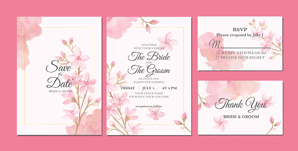 Hand painted of beautiful sakura flowers watercolor as wedding invitation template.