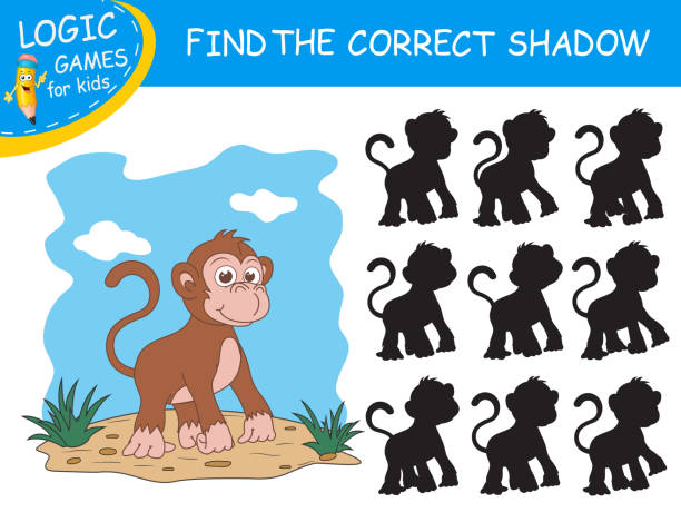 Find The Correct Shadow The Monkey Cute Cartoon Ape On Colorful Background  Education Matching Game For Child With Fun Character Logic Games For Kids  With Answer Learnig Card For Child Kindergarten Stock