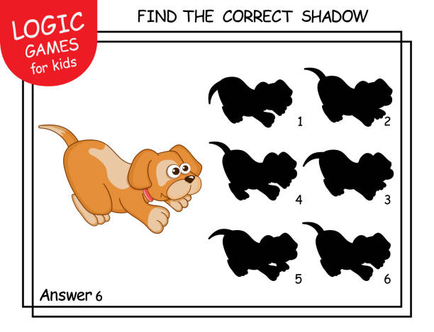 Find the correct shadow. Cute cartoon Dog. Educational matching game for children with cartoon character. Logic Games for Kids. Education card with task for children preschool and kindergarten. Find the correct shadow. Cute cartoon Dog. Educational matching game for children with cartoon character. Logic Games for Kids. Education card with task for children preschool and kindergarten puzzle silhouettes stock illustrations