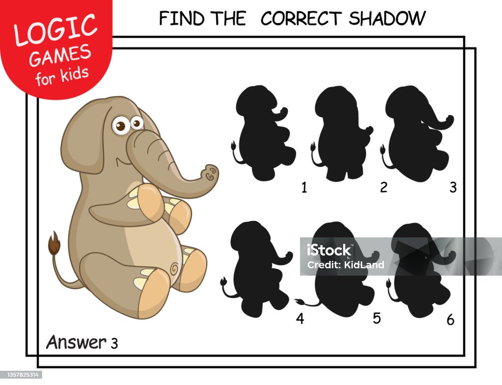 Find The Correct Shadow Cute Cartoon Elephant Educational Matching Game For  Children With Cartoon Character Logic Games For Kids Education Card With  Task For Children Preschool And Kindergarten Stock Illustration - Download