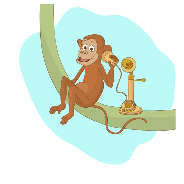 ilustraciones, imágenes clip art, dibujos animados e iconos de stock de el mono está hablando por teléfono. ilustración vectorial. - telephone chimpanzee monkey on the phone