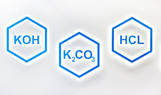 Potassium hydroxide, potassium carbonate and sodium chloride. Formulas of chemical compounds