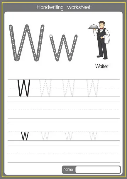 Vector illustration of Vector illustration of Waiter with alphabet letter W Upper case or capital letter for children learning practice ABC