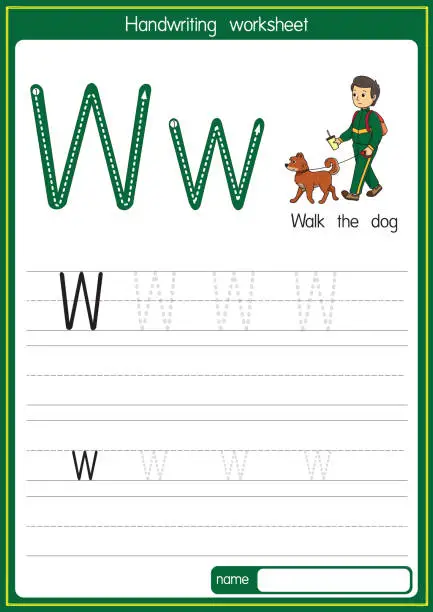 Vector illustration of Vector illustration of Walk the dog with alphabet letter W Upper case or capital letter for children learning practice ABC