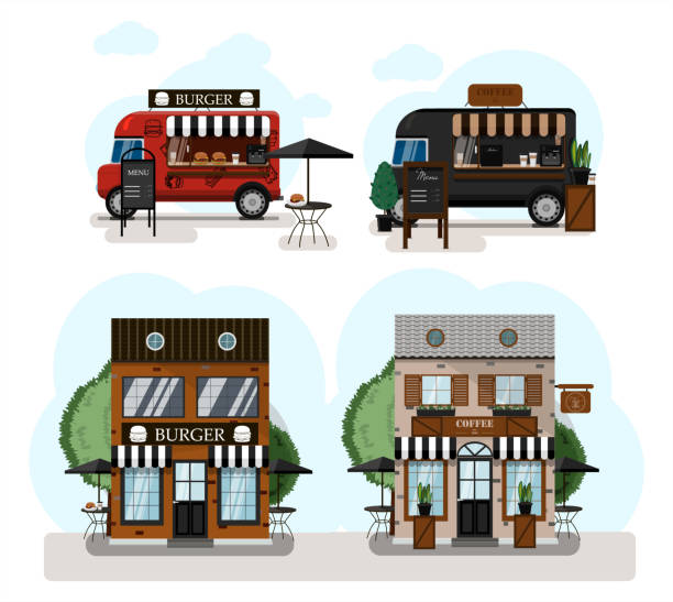 eine reihe von vektor-food-trucks, fast food und cafés. cartoon burger café und kaffeehaus ikonen. flache gestaltung von fassaden. cliparts. fassade eines restaurantsalons mit sommerlicher außenterrasse. illustration einer stadtstraße - back seat illustrations stock-grafiken, -clipart, -cartoons und -symbole