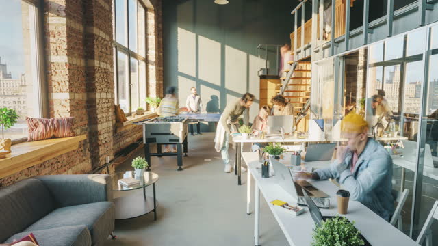 Time lapse of men and women colleagues busy with job in sunlit coworking space