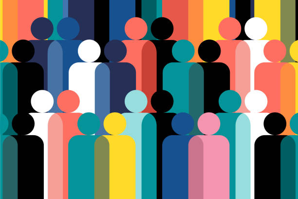 geometric illustration of multi coloured human figures - team stock illustrations