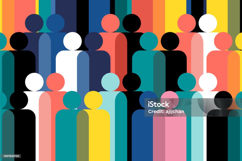 Geometric illustration of multi coloured human figures Multiracial Group stock vector