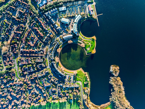 Aerial footage of as typical suburban housing estates in the British town of Milton Keynes