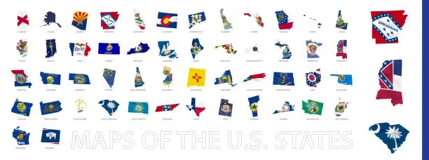 Vector illustration of Maps with the effect of a waving flag, maps of the US States.
