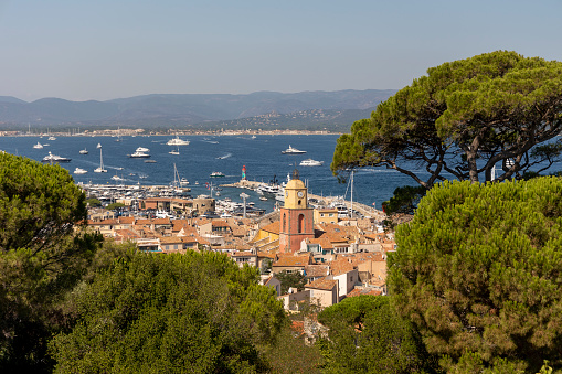 view of the Clocher and the city of Saint-Tropez in the south of France on the French Riviera