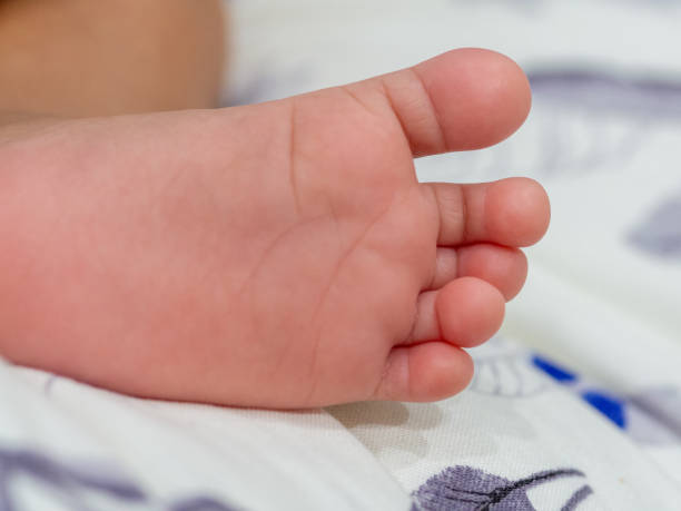 istock Baby's feet lying on the cushion 1357837271