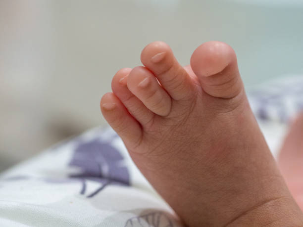 istock Baby's feet lying on the cushion 1357837272