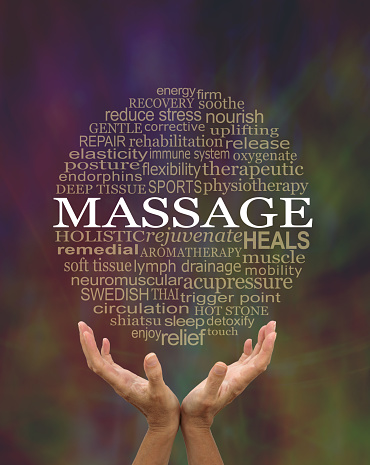 female cupped open hands with a circular word cloud floating above relevant to body massage therapy against a dark warm coloured background