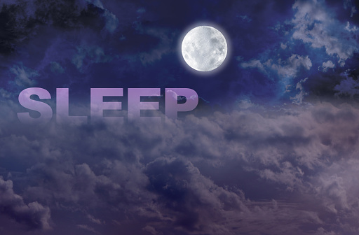 moon and clouds dark night background with a pink SLEEP word sinking into fluffy clouds with copy space for message