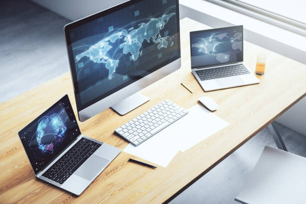 istock Computer monitor with abstract graphic digital world map with connections, globalization concept. 3D Rendering 1357837468