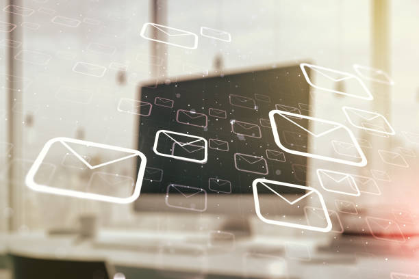 istock Creative abstract postal envelopes sketch on modern laptop background, e-mail and marketing concept. Double exposure 1357837478