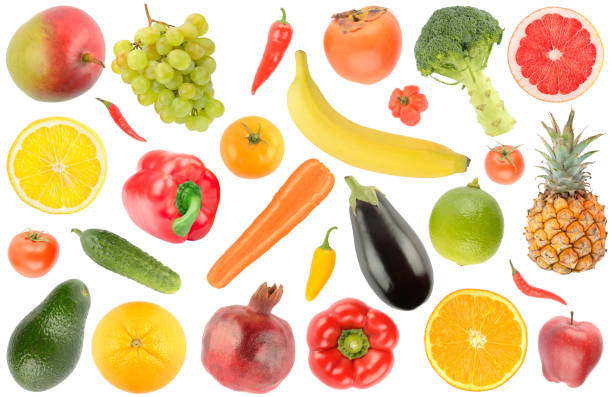 istock Bright fruits and vegetables isolated on white 1357840292