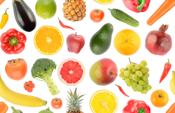istock Seamless pattern from bright healthy fruits and vegetables 1357840466