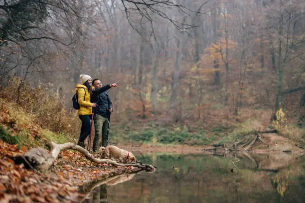 Photo of Curious caucasian woman, learning about the mountain from her gu