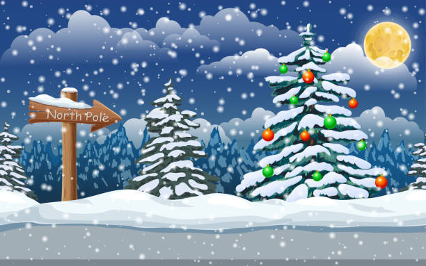 ilustraciones, imágenes clip art, dibujos animados e iconos de stock de paisaje nocturno nevado de invierno. bandera de navidad con abeto, letrero de madera del polo norte en nieve, nevadas y luna. linda ilustración festiva ideal para el diseño de vacaciones. clipart vectorial estilo dibujos animados. - christmas santa claus north pole snow