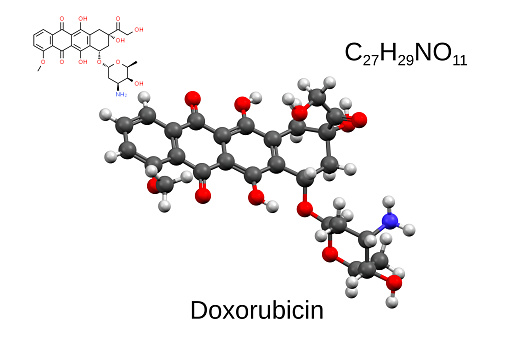 Chemical formula, structural formula and 3D ball-and-stick model of the anticancer drug doxorubicin, white background