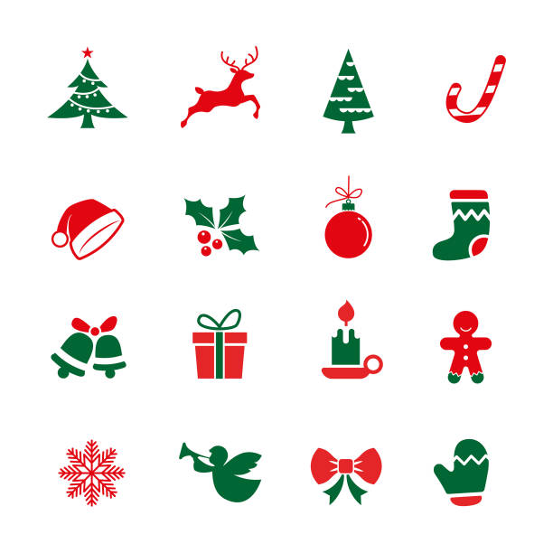 ilustraciones, imágenes clip art, dibujos animados e iconos de stock de conjunto de iconos de navidad - gift santa claus christmas present christmas