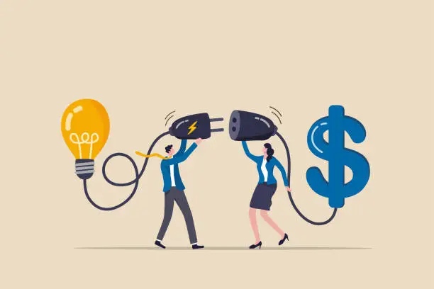 Vector illustration of Venture capital or financial support for startup and entrepreneur company, make money idea or idea pitching for fund raising concept, businessman and woman connect lightbulb with money dollar sign.