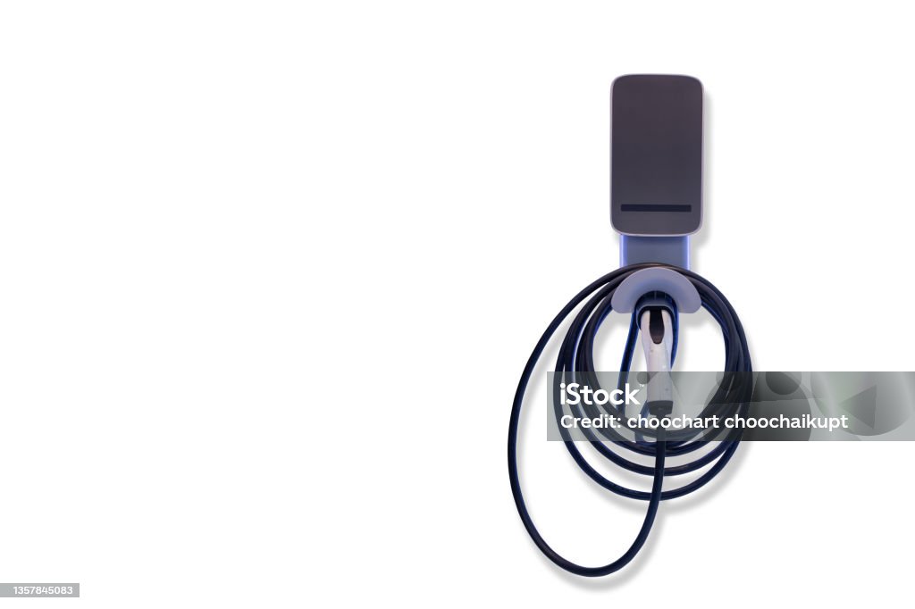 Modern and high technology of transportation electric vehicle charging (Ev) station with plug of power cable supply for Ev car or hybrid isolated on white background, copy space for text. Electric Vehicle Stock Photo