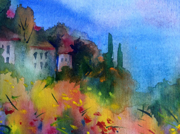 istock Watercolor colorful bright textured abstract background handmade . Mediterranean landscape . Painting of architecture and vegetation of the sea coast 1357846549