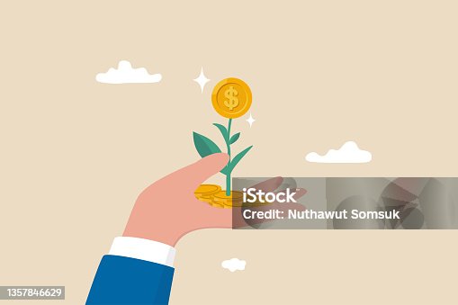 istock Investment growth, prosperity or earn more money from savings, mutual funds or opportunity to make profit and increase wealth, businessman investor hand holding money flower plant from pile of coins. 1357846629