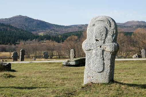 Maculje, Novi Travnik, Central Bosnia Canton, Federation of Bosnia and Herzegovina - November 2021: Nekropola sa stećcima Maculje: Graveyard with medieaval monumental tombstones, world cultural heritage site. Stecak