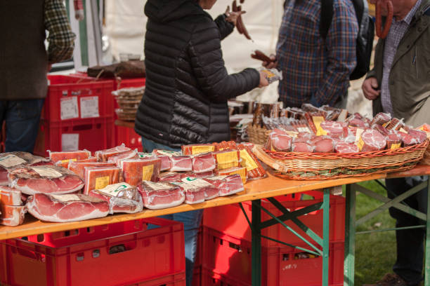 typical food market stall during an autumn local celebration in Val Isarco ( South Tyrol ) stock photo