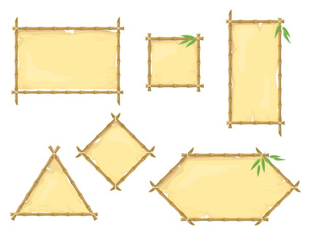 양피지가있는 대나무 프레임. 열대 야자수 잎이있는 하와이 나무 간판, 빈 오래된 파피루스 배너가있는 나무 막대기, 만화 깔끔한 벡터 일러스트레이션 - tropical climate banner placard bamboo stock illustrations