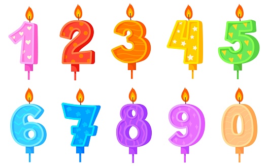 Anniversary numbers candle. Birthday number for celebration cake, party wax candles, holiday candlelight, celebrate anniversary birth, funny cartoon vector. Birthday anniversary candles illustration
