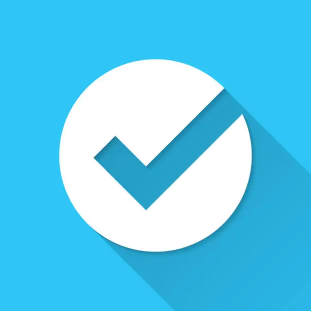 Vector illustration of Check mark. Icon on blue background - Flat Design with Long Shadow
