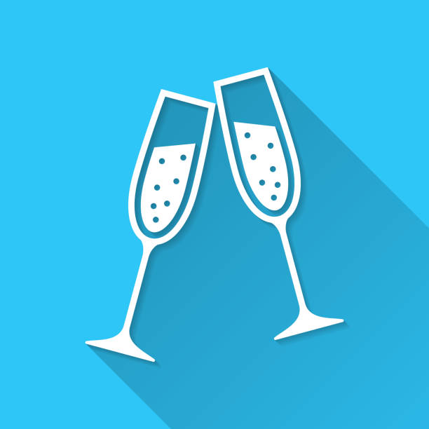 zwei gläser champagner. icon auf blauem hintergrund - flat design mit langem schatten - champagnerglas stock-grafiken, -clipart, -cartoons und -symbole