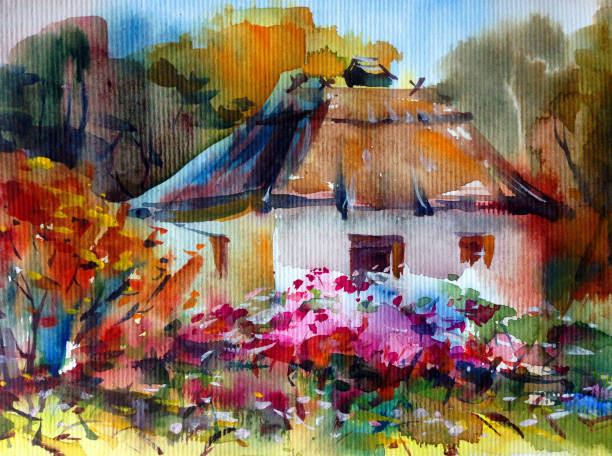 istock Watercolor colorful bright textured abstract background handmade . Mediterranean landscape . Painting of architecture and vegetation of the countryside in autumn 1357848157