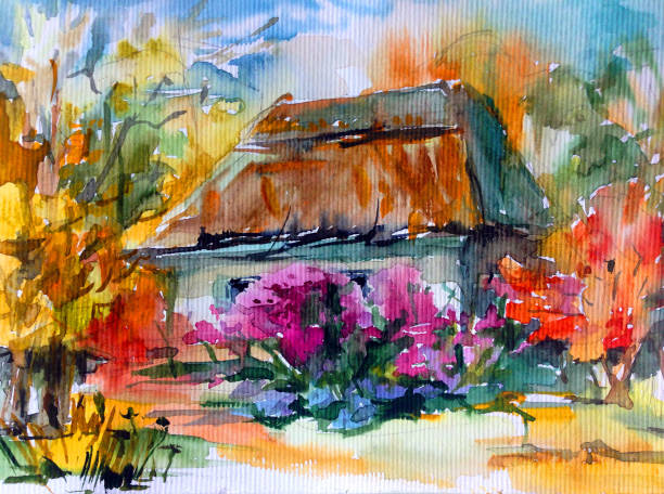 istock Watercolor colorful bright textured abstract background handmade . Mediterranean landscape . Painting of architecture and vegetation of the countryside in autumn 1357848158