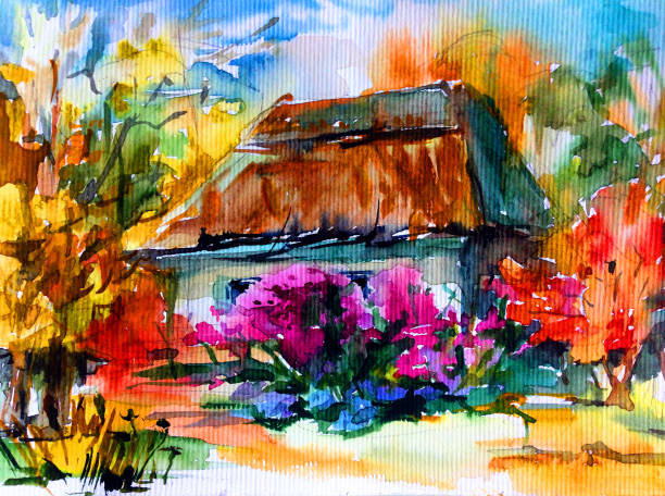 istock Watercolor colorful bright textured abstract background handmade . Mediterranean landscape . Painting of architecture and vegetation of the countryside in autumn 1357848163