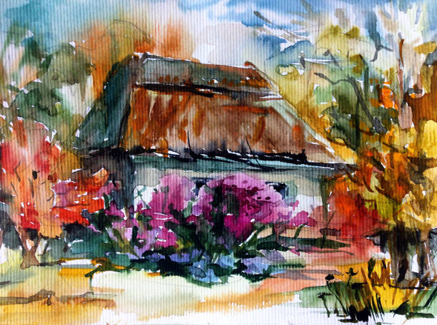 istock Watercolor colorful bright textured abstract background handmade . Mediterranean landscape . Painting of architecture and vegetation of the countryside in autumn 1357848167