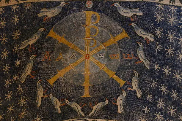 Mosaic, interior of the early Christian baptistery, Albenga, Liguria, Italy
