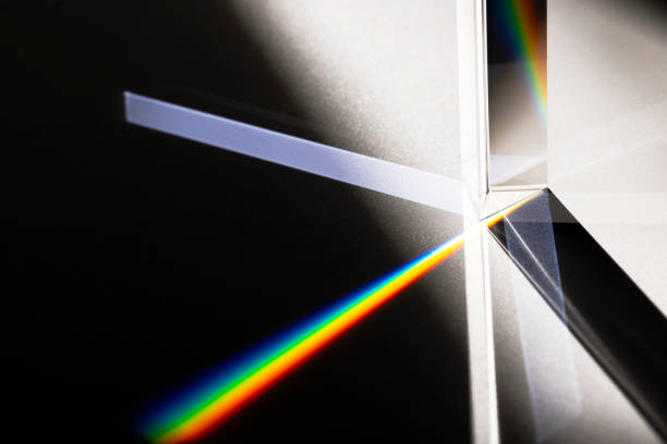 Triangular Prism dispersing sun beam splitting into a spectrum on white background