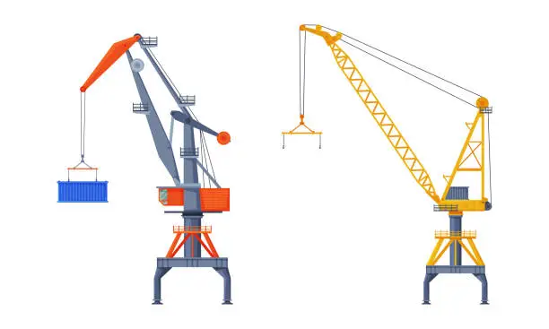 Vector illustration of Crane Machine Equipped with Hoist Rope and Sheaves for Lifting and Lower Heavy Freight Vector Set