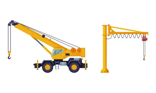 Vector illustration of Crane Machine Equipped with Hoist Rope and Sheaves for Lifting and Lower Heavy Freight Vector Set