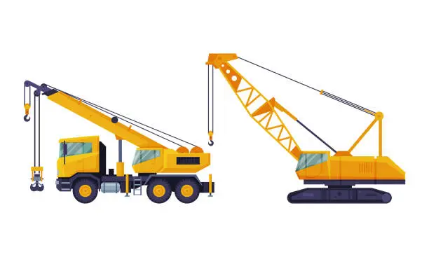 Vector illustration of Crane Machine Equipped with Hoist Rope and Sheaves for Lifting and Lower Heavy Freight Vector Set
