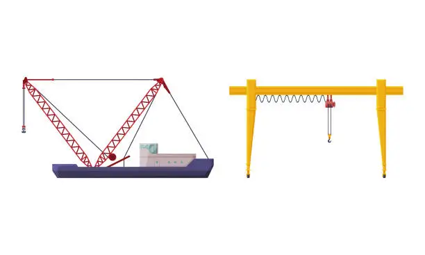 Vector illustration of Crane Machine Equipped with Hoist Rope and Sheaves for Lifting and Lower Heavy Freight Vector Set