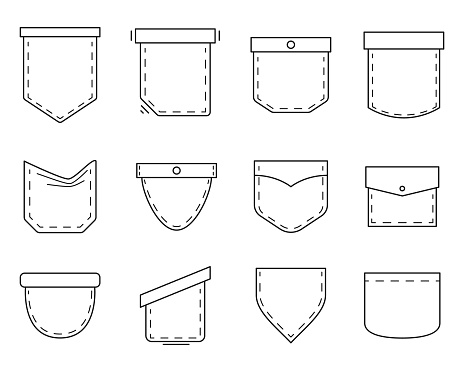 Patch pocket set in line art style. Pockets shapes for clothes. Outline bag vector icons